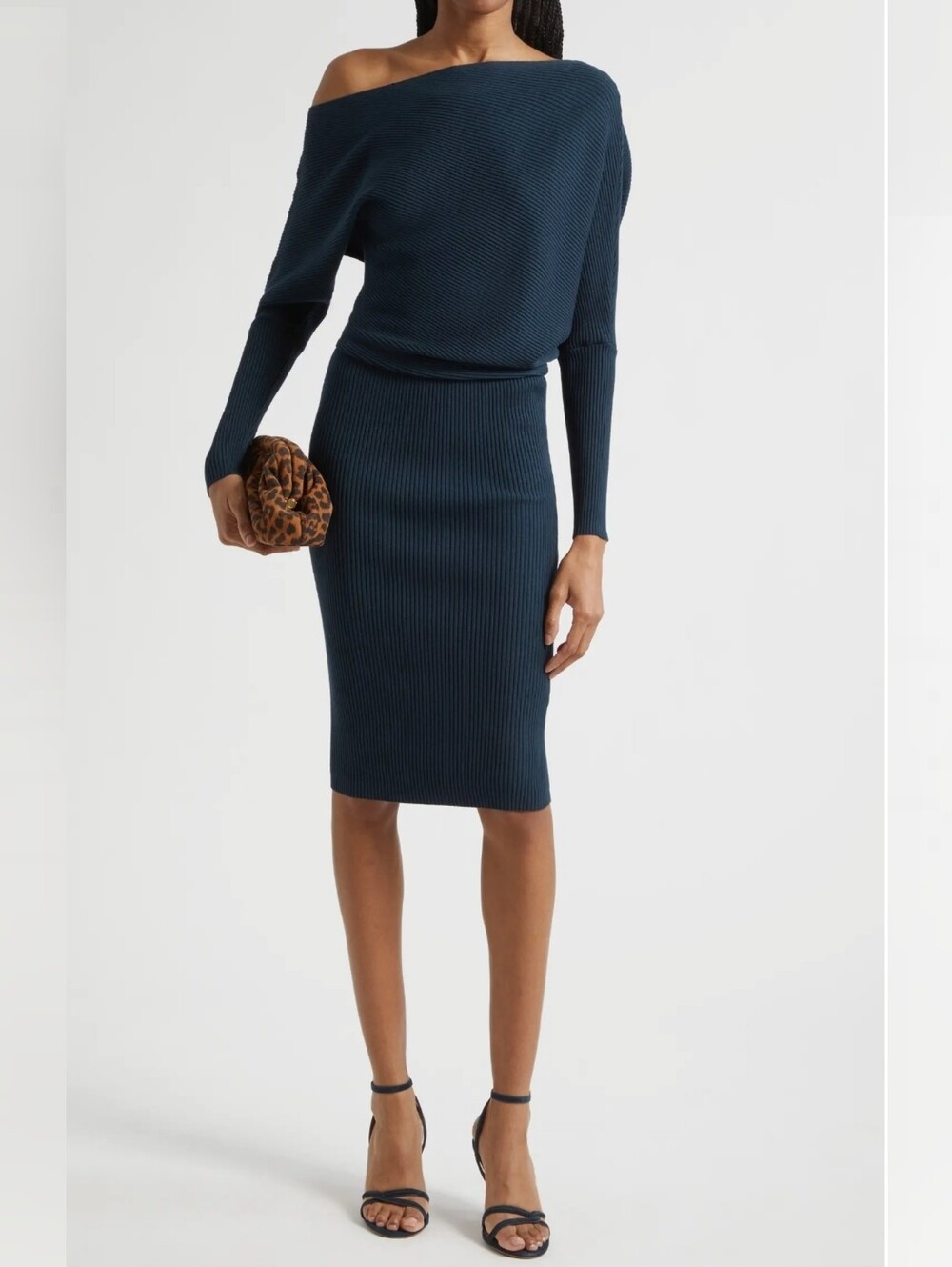 Reiss Nordstrom Lara Rib Knit Off the Shoulder Sweater Dress n Teal Green sz LG